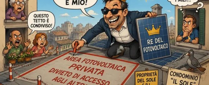 Pannelli solari in condominio: vignetta su un condomino che occupa il tetto comune con il proprio impianto fotovoltaico